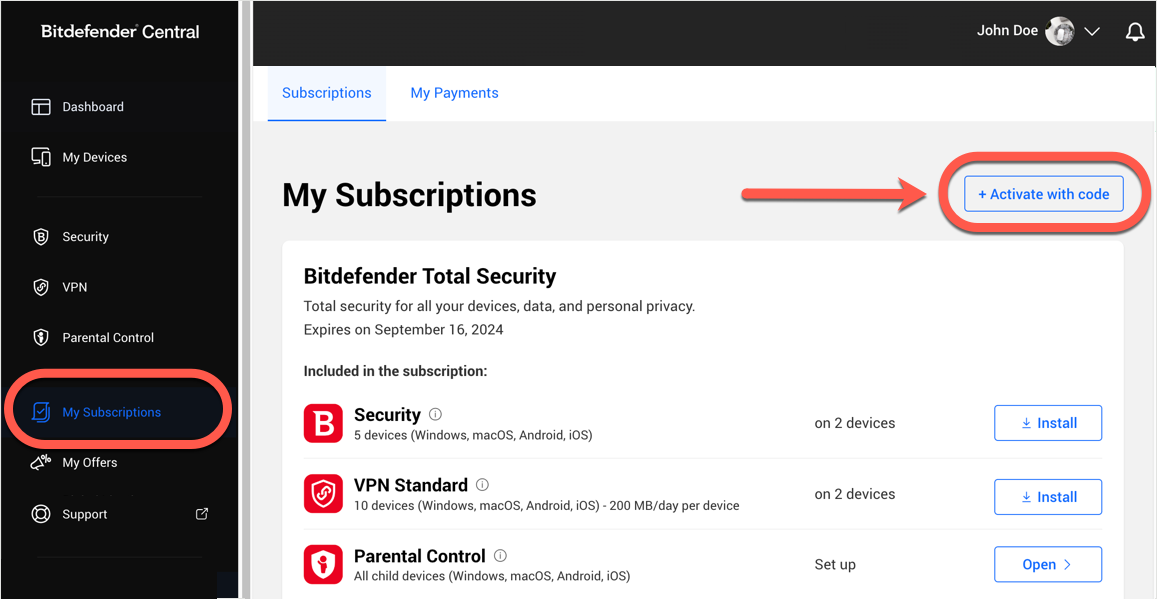 Mina prenumerationer - förlänga Bitdefender-prenumerationen